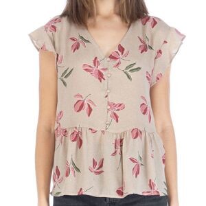 Bobeau Floral V-neck Button Front Peplum Top Size L